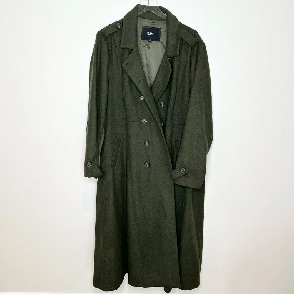 Torrid Olive Wool Military Fit Flare Trench Coat Size 4 - Picture 4 of 11